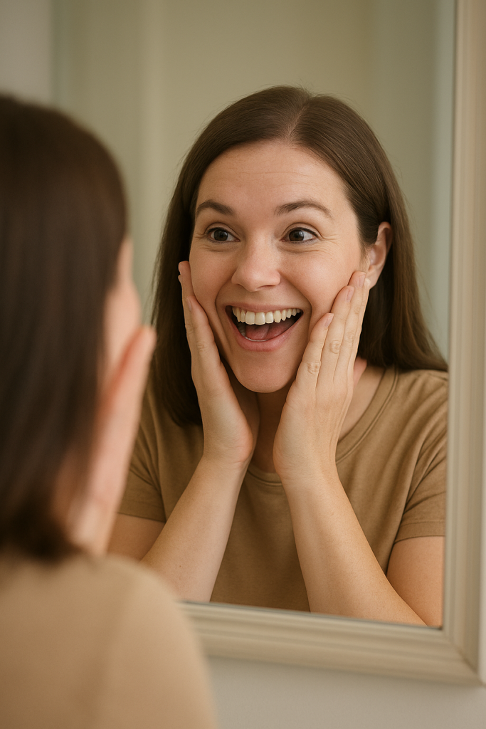overjoyed woman looking in mirror after smp